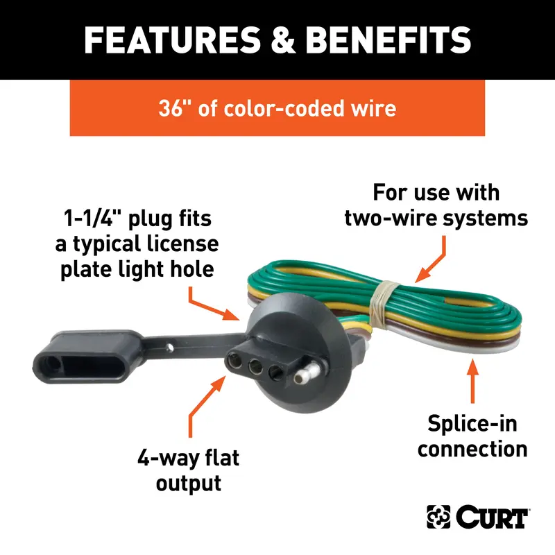 Curt 4-Way Flat Trailer Connector Socket – License Plate Light Compatible With 36" Leads (58405) 1